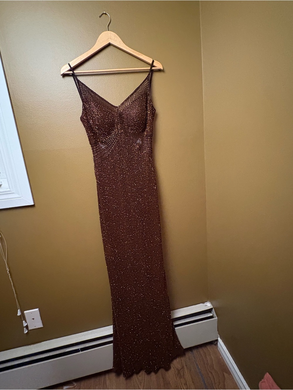 Brown Beaded Evening Slip Dress - Elegant Sparkle
